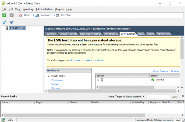 vSphere Client connected to the new HomeLab Hypervisor.