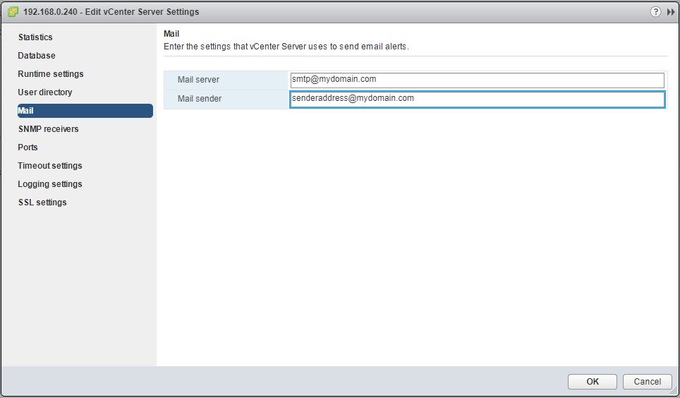 vCenter Mail Settings in vSphere Web Client