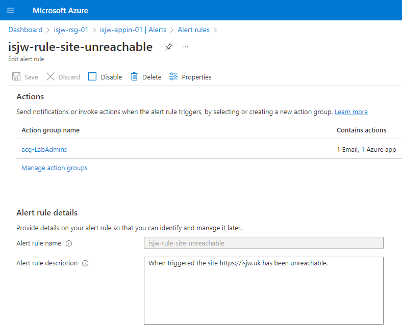 An alert rule configured to notify via email and the Azure app