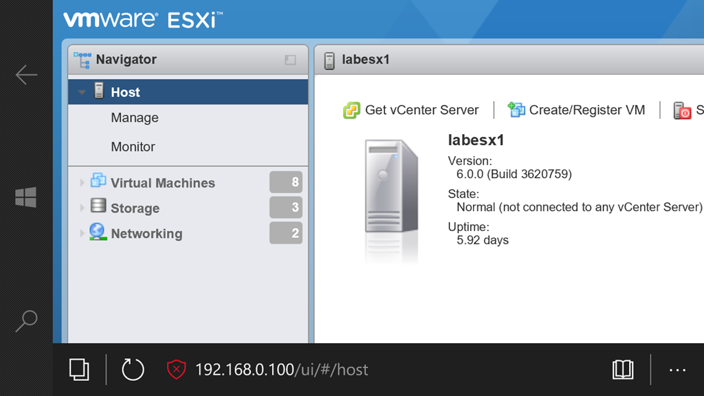 ESXi Host client as seen on a Windows 10 Mobile Phone
